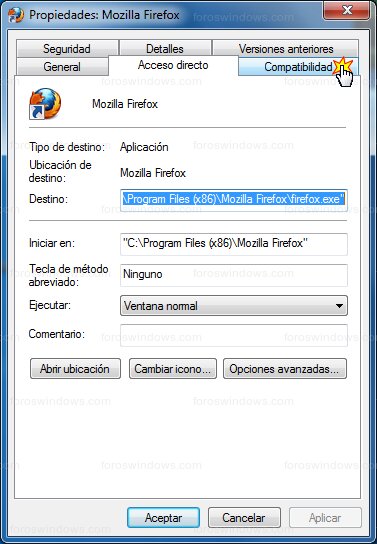 Propiedades Mozilla Firefox - Pestaña compatibilidad Mozilla Firefox