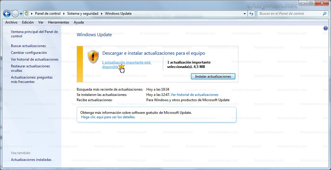 Windows Update - 1 actualización importante está disponible