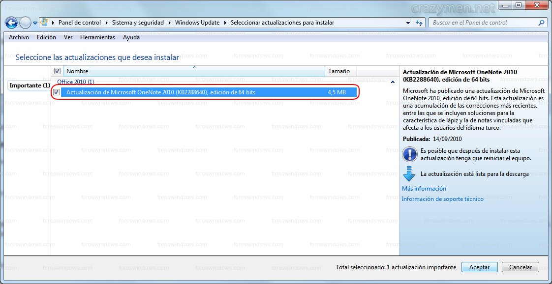Windows Update - Actualización OneNote 2010 lista para instalar