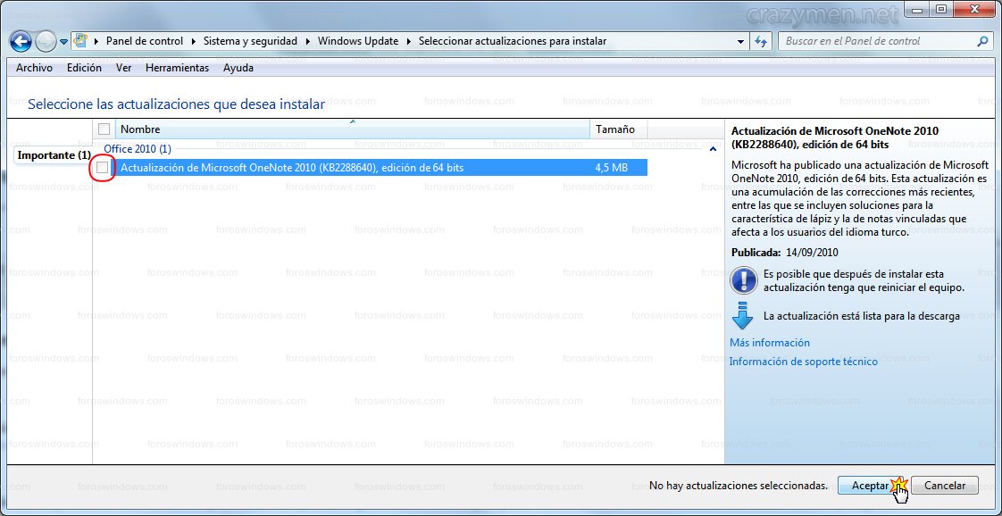 Windows Update - Casilla desmarcada