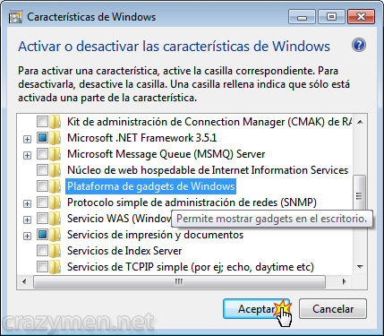 Características de Windows - Plataforma de gadgets de Windows