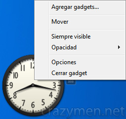 Windows 7 - Botón derecho del ratón en gadget reloj