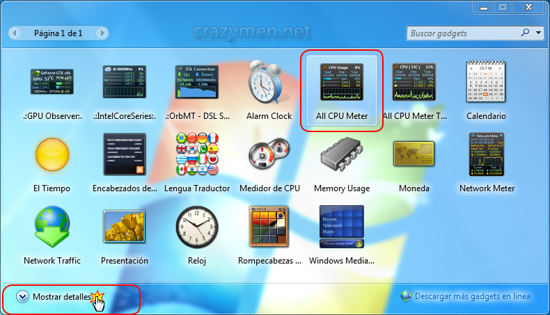 Windows 7 - Gadget All Cpu Meter - Mostrar detalles