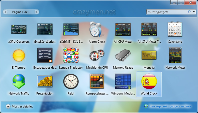 Windows 7 - Gadgets - World Clock seleccionado