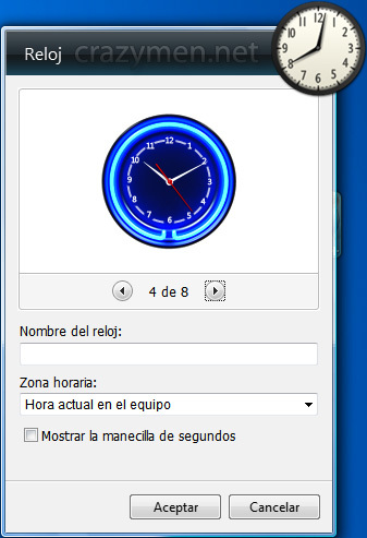 Windows 7 - Opciones gadget reloj