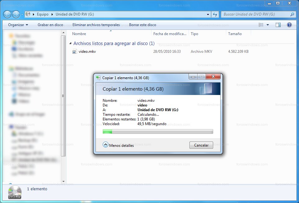 Windows 7 - Copiar archivo al DVD