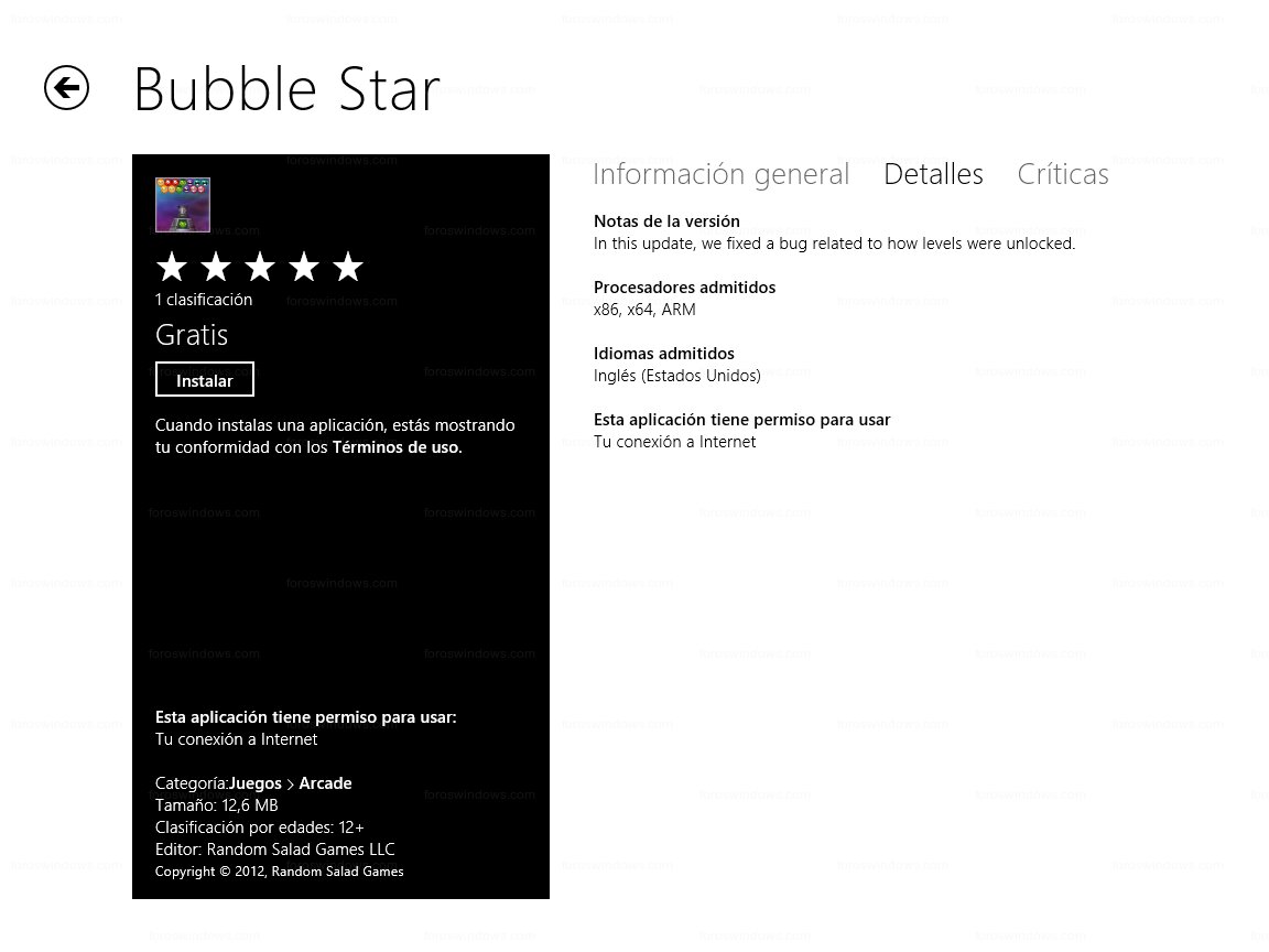 Windows Store - Detalles (Bubble Star)