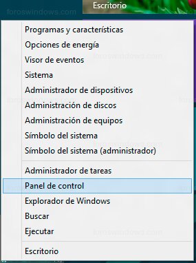 Windows 8 - Menú contextual, Panel de control