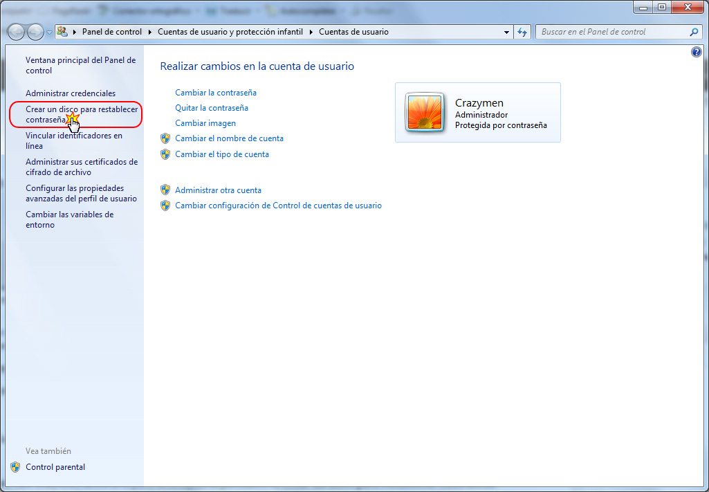 Panel de control - Windows 7 - Crear un disco para restablecer contraseña