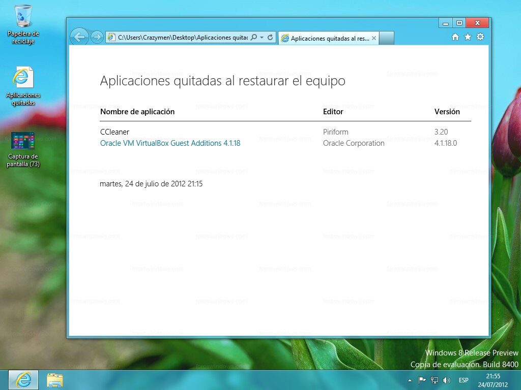 Windows 8 - Aplicaciones quitadas al restaurar el equipo