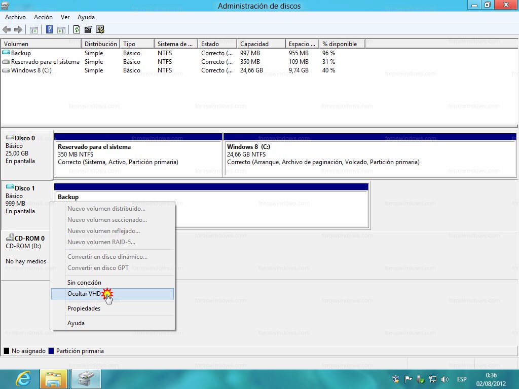 Windows 8 - Administración de discos (ocultar VHD)