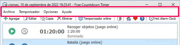 Free Countdown Timer - Barra de menús