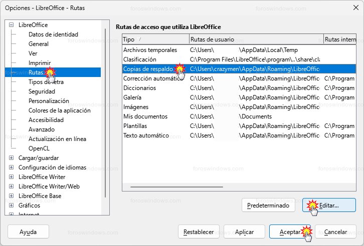 LibreOffice > Rutas - Copias de respaldo