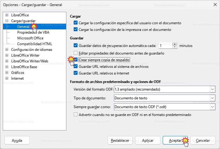 LibreOffice > Cargar/guardar - Crear siempre copia de respaldo