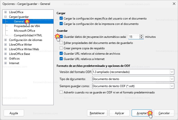 LibreOffice > Cargar/guardar - Guardar datos de recuperación automática cada 15 minutos