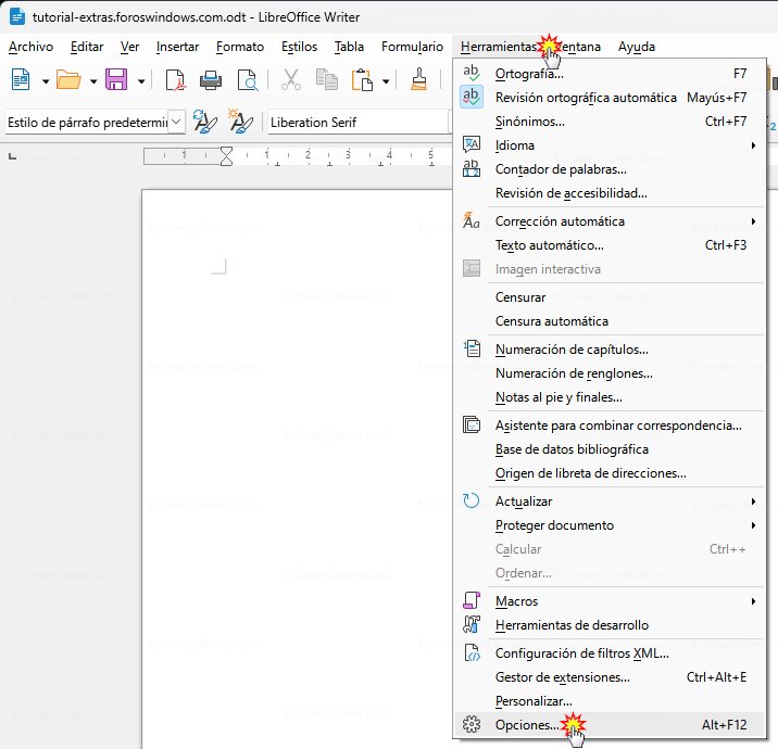 LibreOffice - Herramientas > Opciones