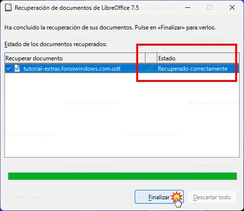 Recuperación de documentos de LibreOffice - Recuperado correctamente