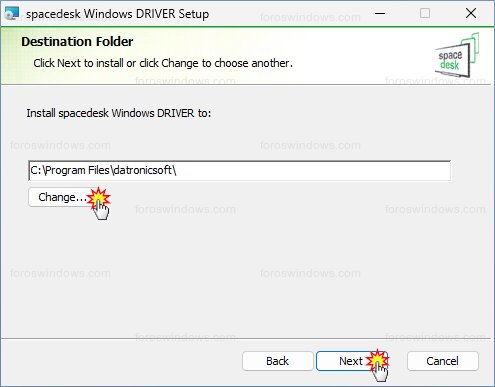 spacedesk Windows DRIVER Setup - Carpeta de destinto