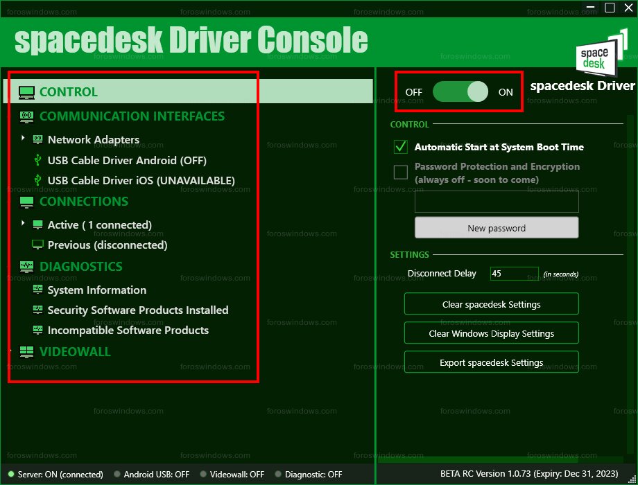 spacedesk Driver Console - Configuración de spacedesk en el equipo principal