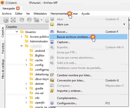 XnView - Herramientas > Buscar archivos similares...