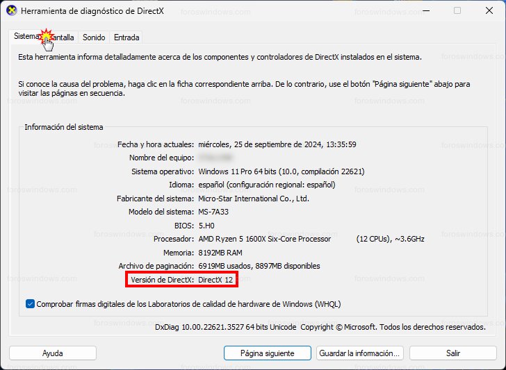 Herramienta de diagnóstico de DirectX - Versión de DirectX